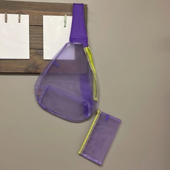 Girlfitti Purple Mesh Velcro Adjustable Body Bag w/ Mesh Wallet & Yellow Zippers - Picture 2 of 15